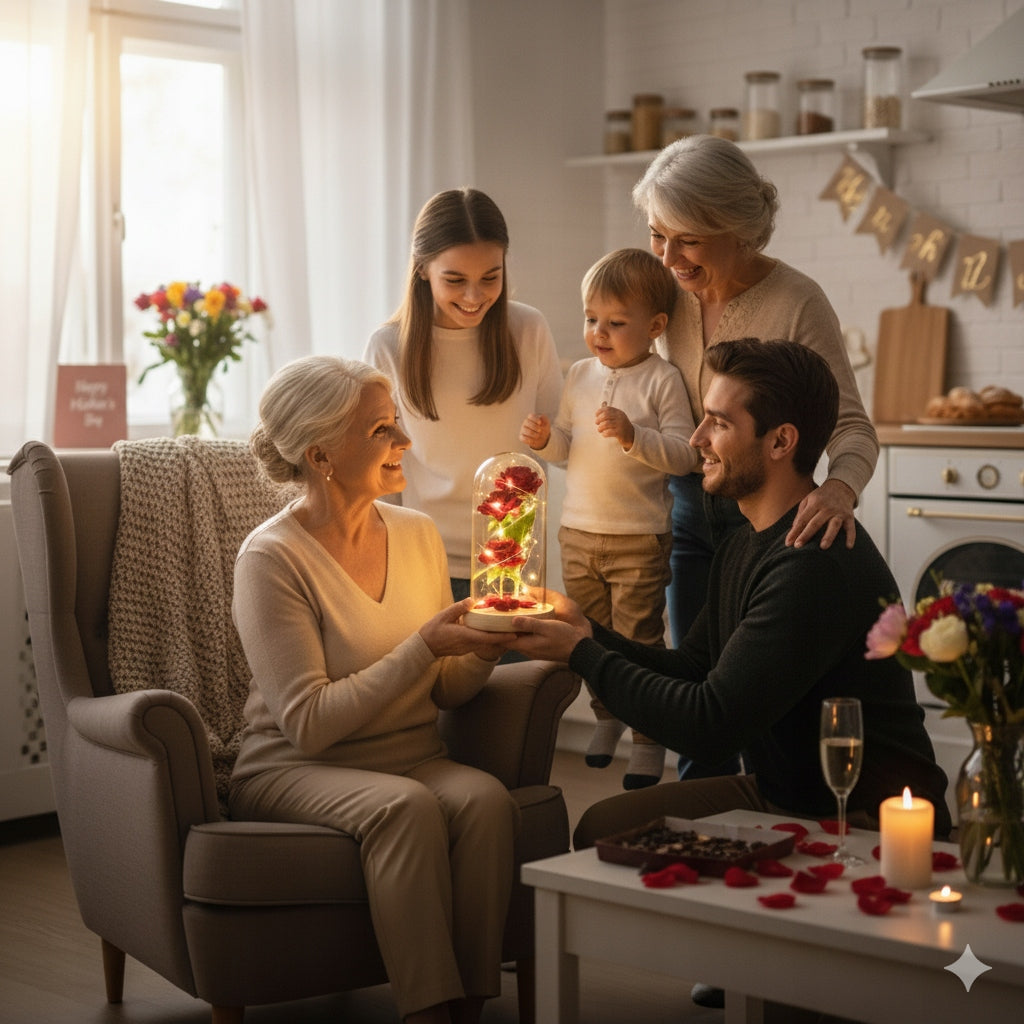 GRAŽI DIRBTINĖ AMŽINA ROŽĖ 3 RÓŽĖS STIKLINĖJE DĖŽUTĖJE, DOVANA DAILUGAI