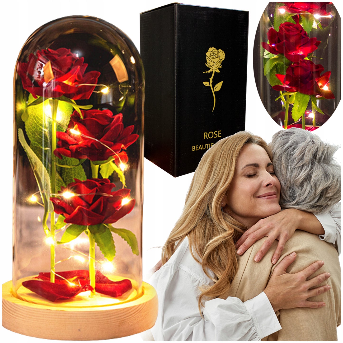 GRAŽI DIRBTINĖ AMŽINA ROŽĖ 3 RÓŽĖS STIKLINĖJE DĖŽUTĖJE, DOVANA DAILUGAI