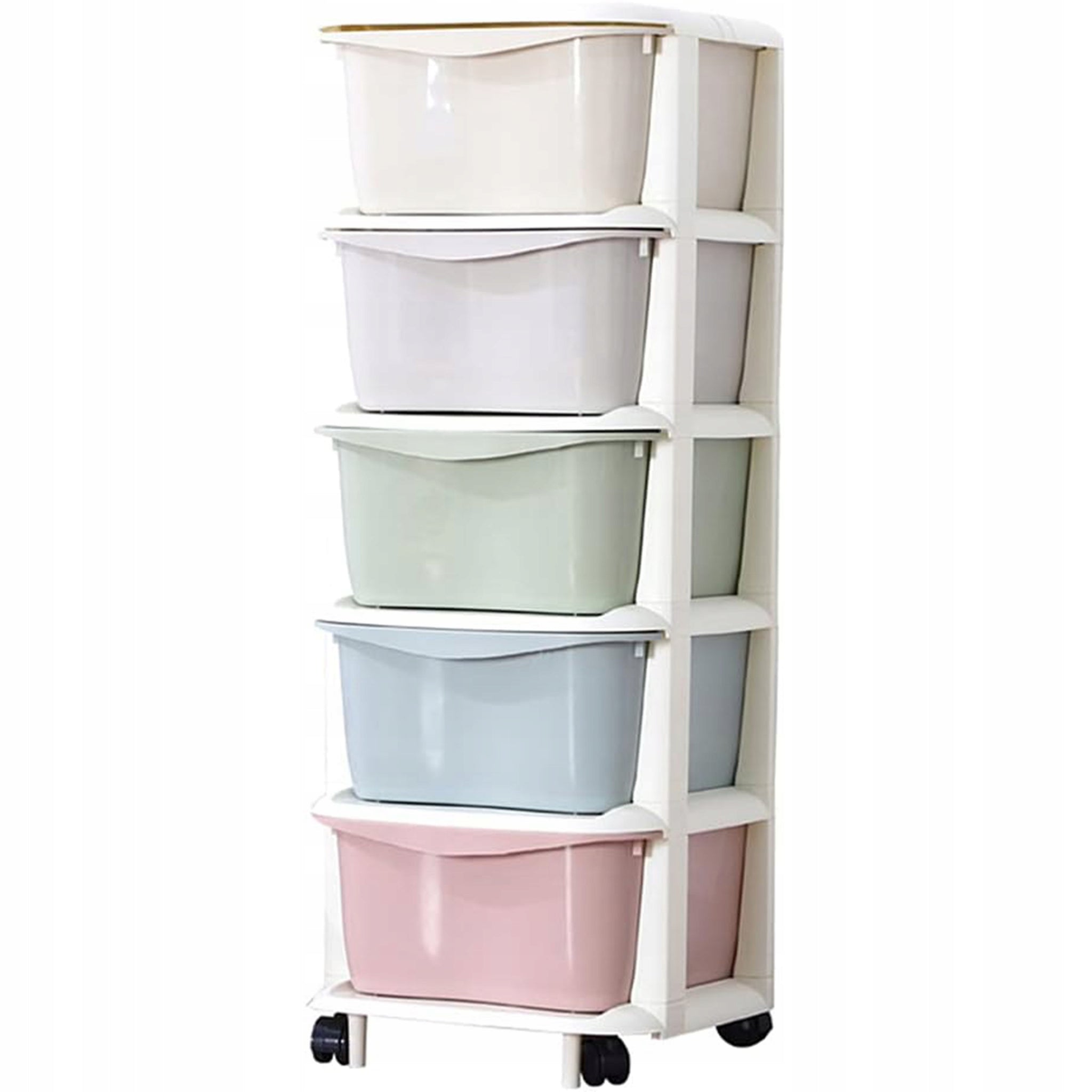 Didelis plastikinis laikymo/lentynų/stalčių/krepšys žaislams su 5 lentynomis ant ratukų