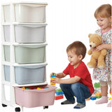 Didelis plastikinis laikymo/lentynų/stalčių/krepšys žaislams su 5 lentynomis ant ratukų