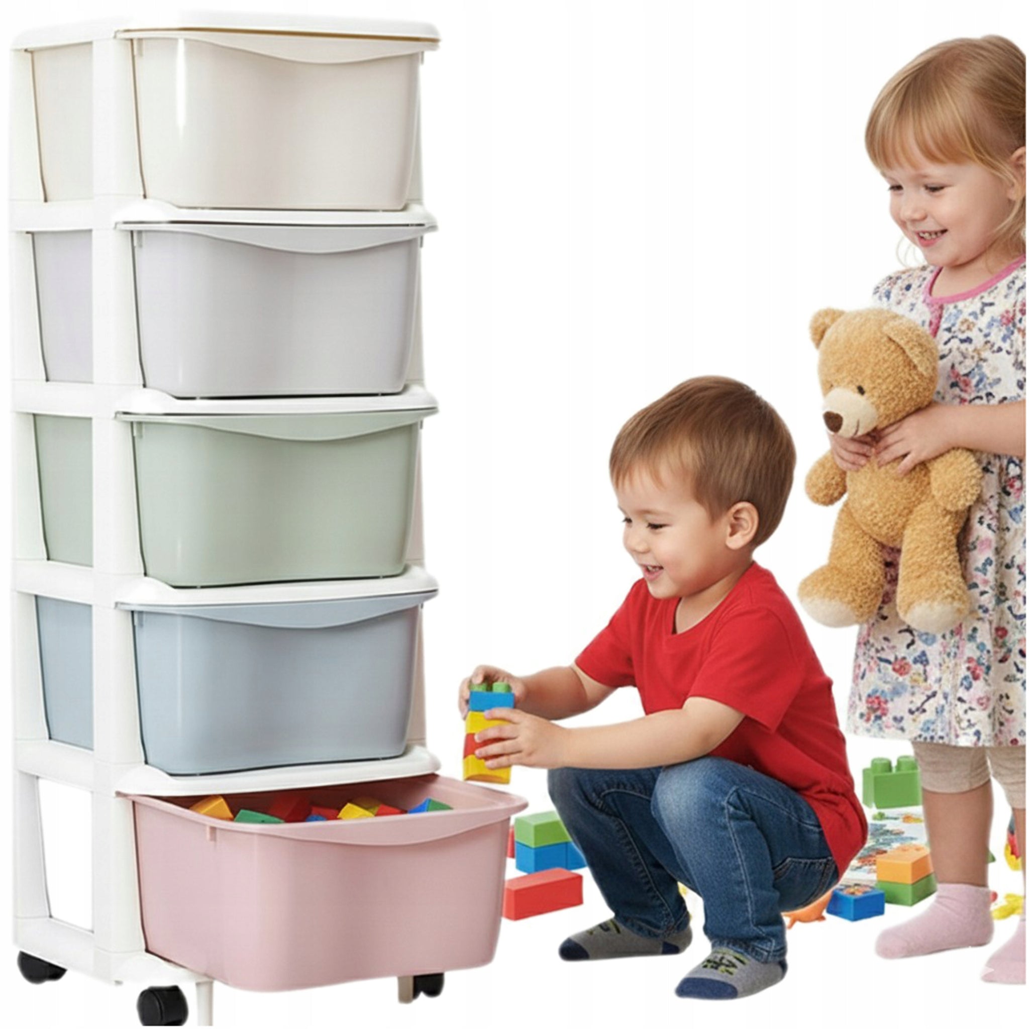 Didelis plastikinis laikymo/lentynų/stalčių/krepšys žaislams su 5 lentynomis ant ratukų