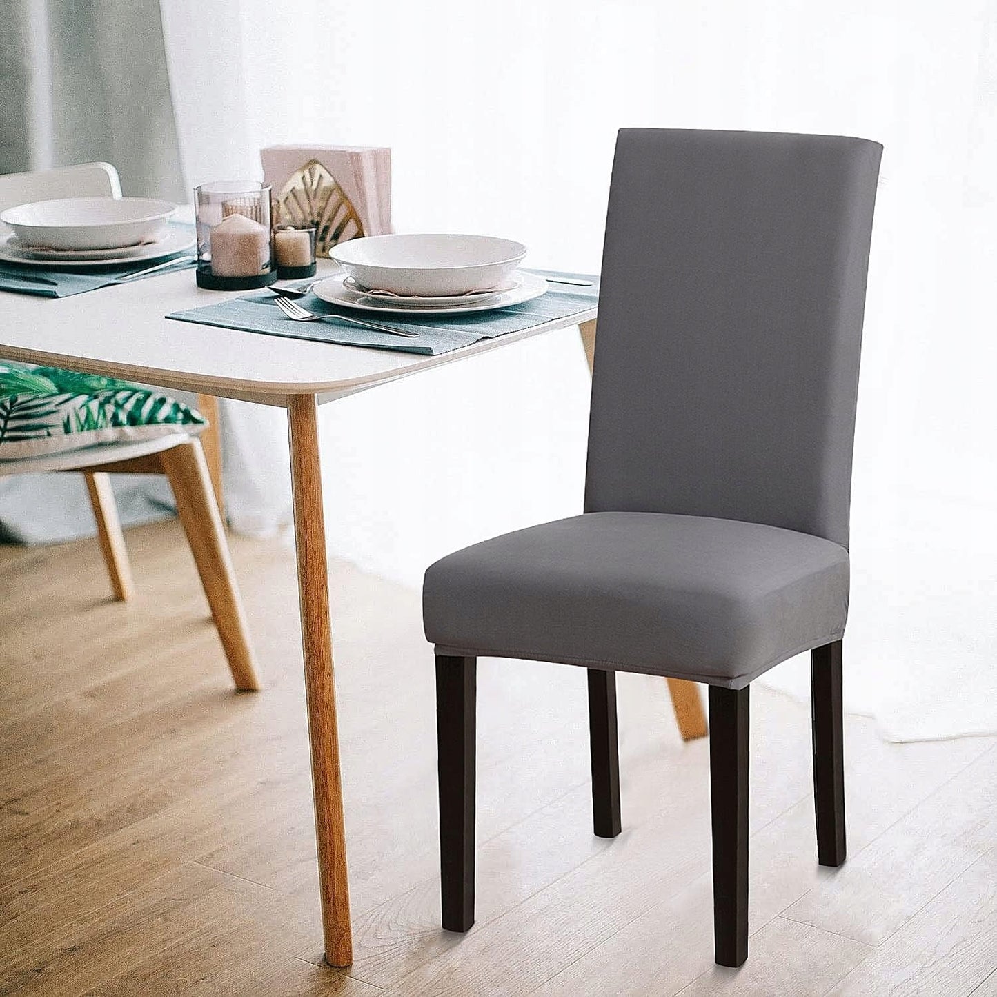 6 VNT. universalios, elastingos, kreminės spalvos kėdžių užvalkalai