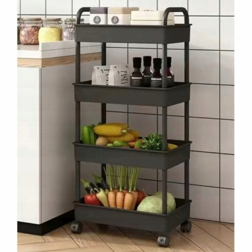 Plastikinė virtuvės/vonios lentynėlė ant ratukų, 4 lentynos, krepšeliai