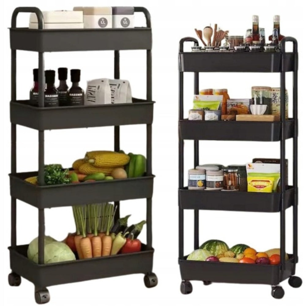 Plastikinė virtuvės/vonios lentynėlė ant ratukų, 4 lentynos, krepšeliai