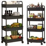 Plastikinė virtuvės/vonios lentynėlė ant ratukų, 4 lentynos, krepšeliai