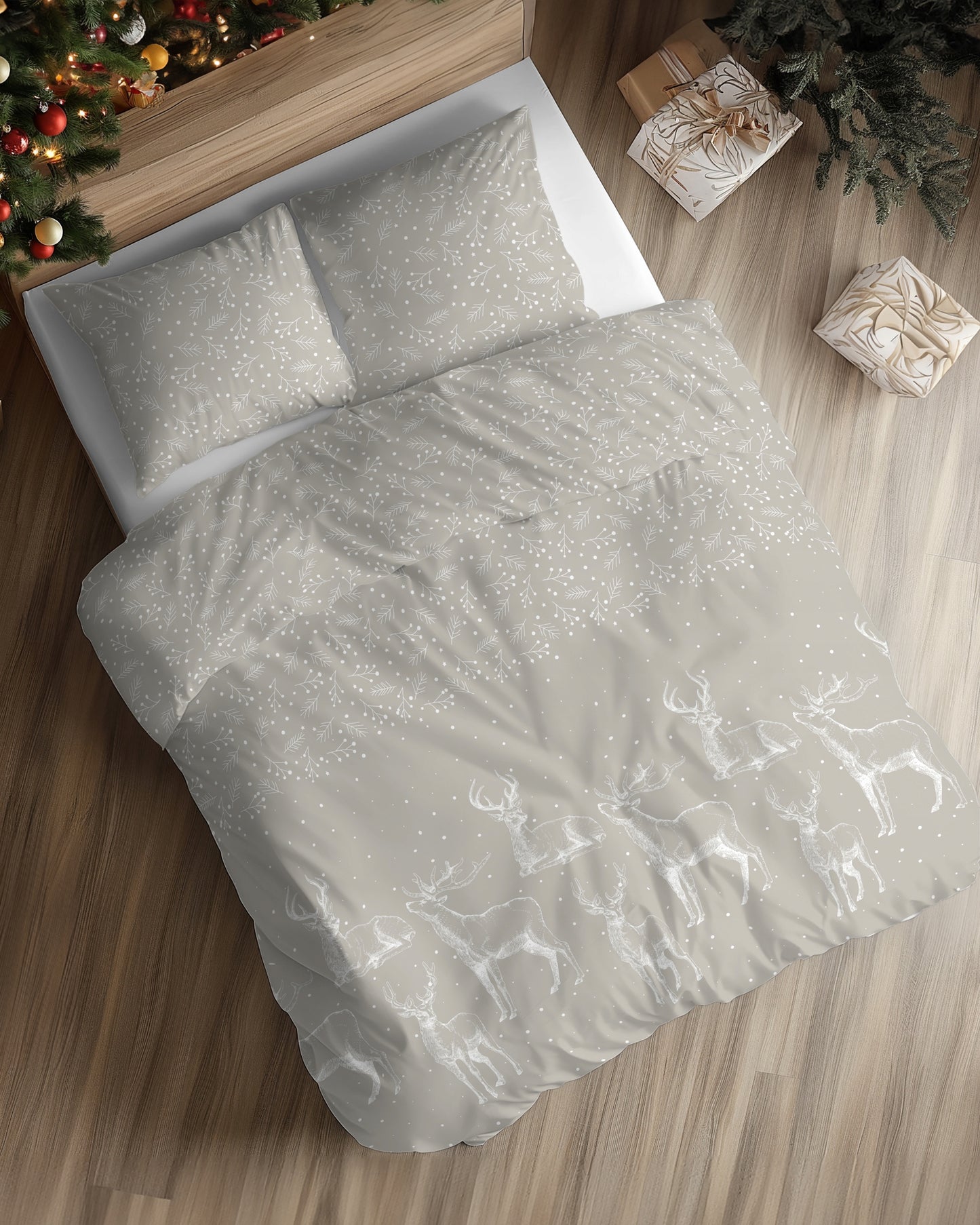 Kalėdinė satino patalynė 160x200 Bėgiai Smėlio spalvos