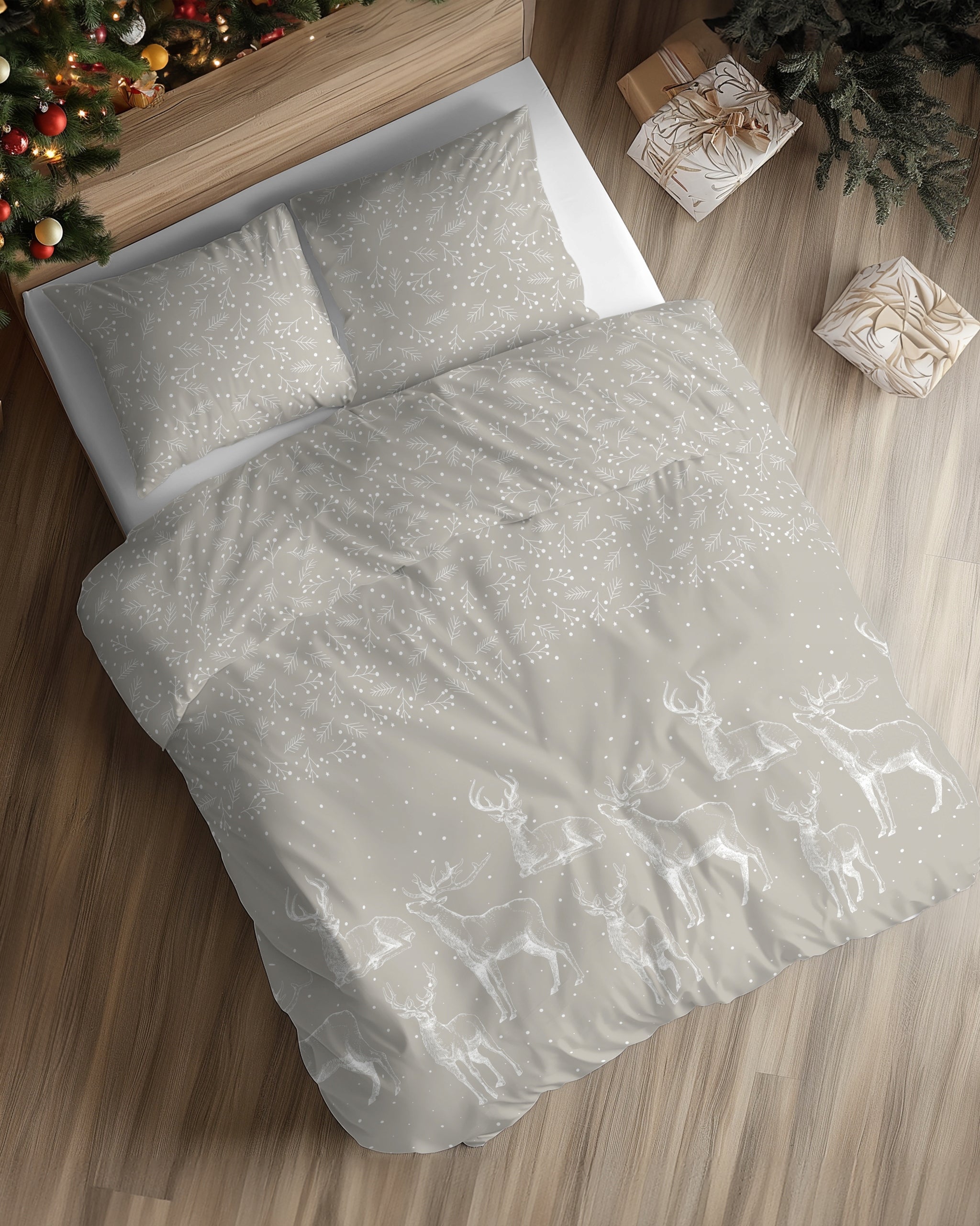 Kalėdinė satino patalynė 160x200 Bėgiai Smėlio spalvos