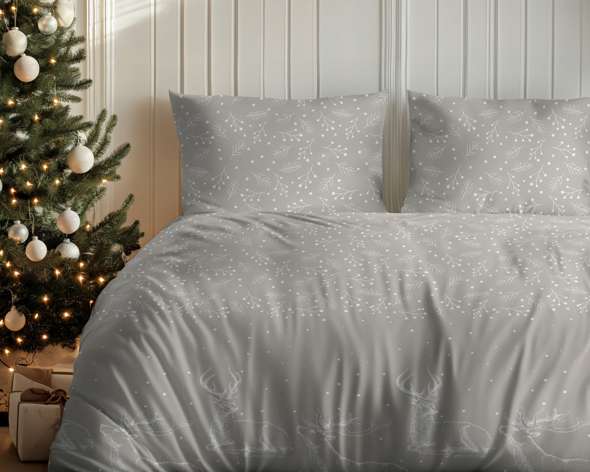 Kalėdinė satino patalynė 160x200 Bėgiai Smėlio spalvos