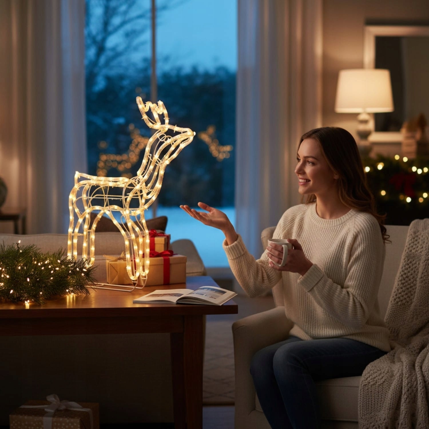 RENIFER LED šviečiantis lauko su judančia galva kalėdinis didelis statulėlė