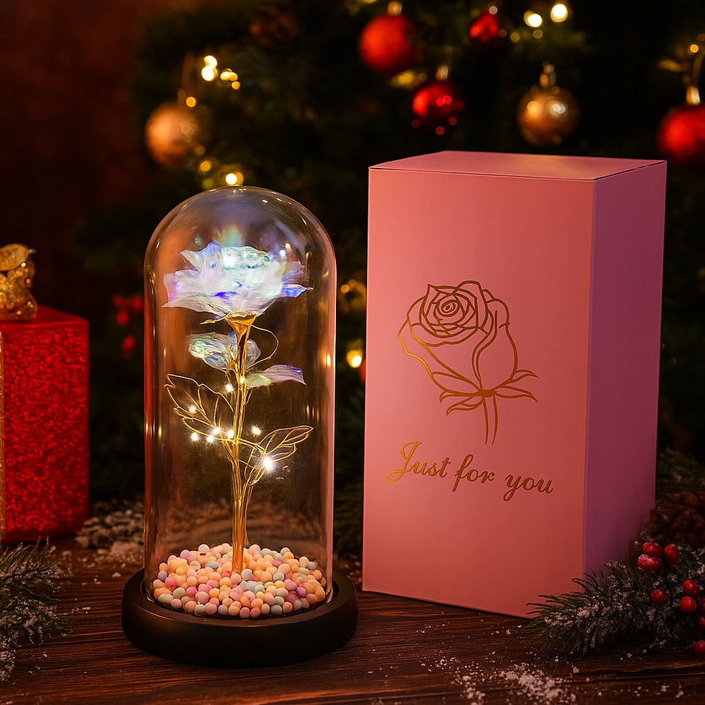 AMŽINA ROŽĖ LED STIKLE + DĖŽUTĖ + BATERIJOS, DOVANA MERGAITEI KALĖDOS