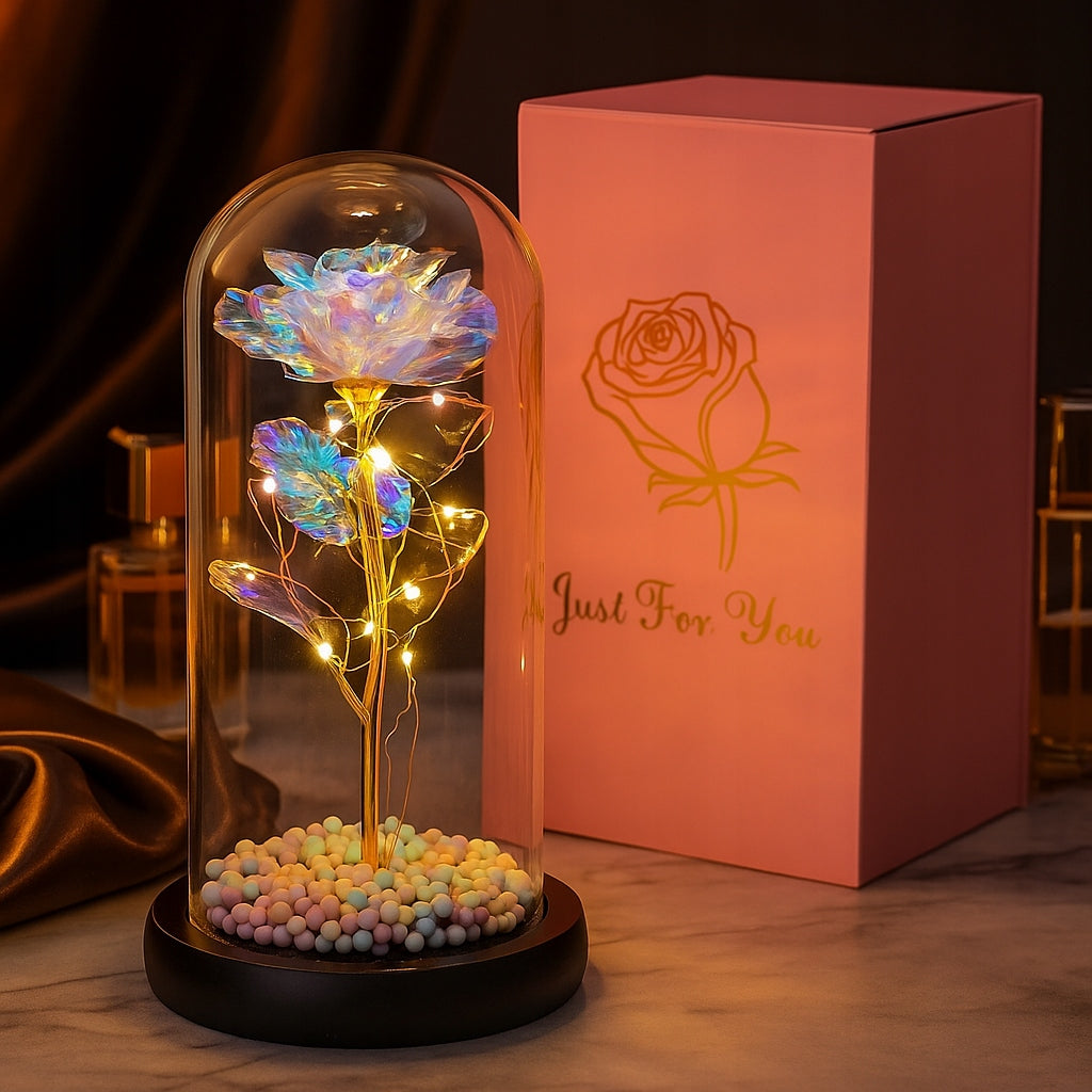 AMŽINA ROŽĖ LED STIKLE + DĖŽUTĖ + BATERIJOS, DOVANA MERGAITEI KALĖDOS