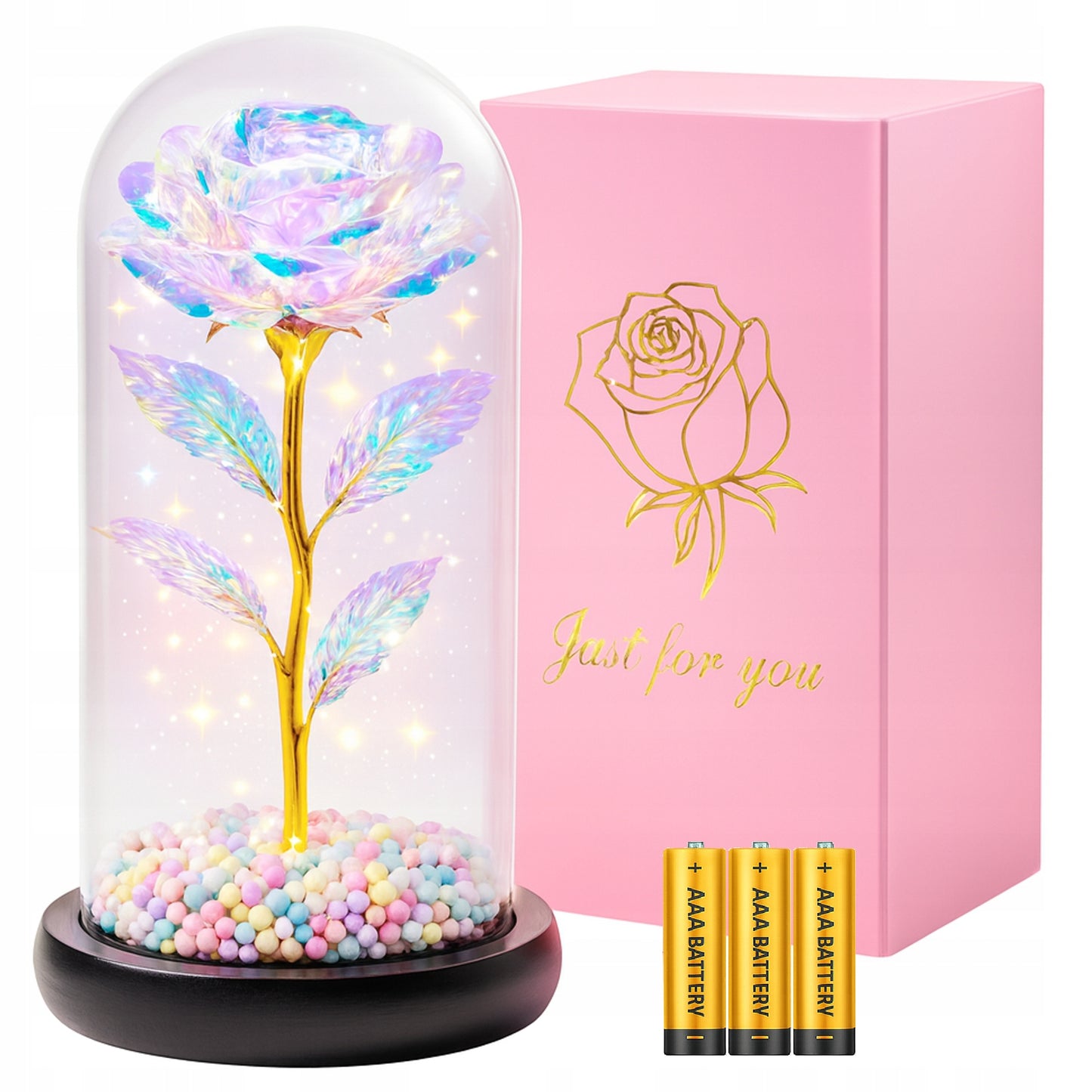 AMŽINA ROŽĖ LED STIKLE + DĖŽUTĖ + BATERIJOS, DOVANA MERGAITEI KALĖDOS