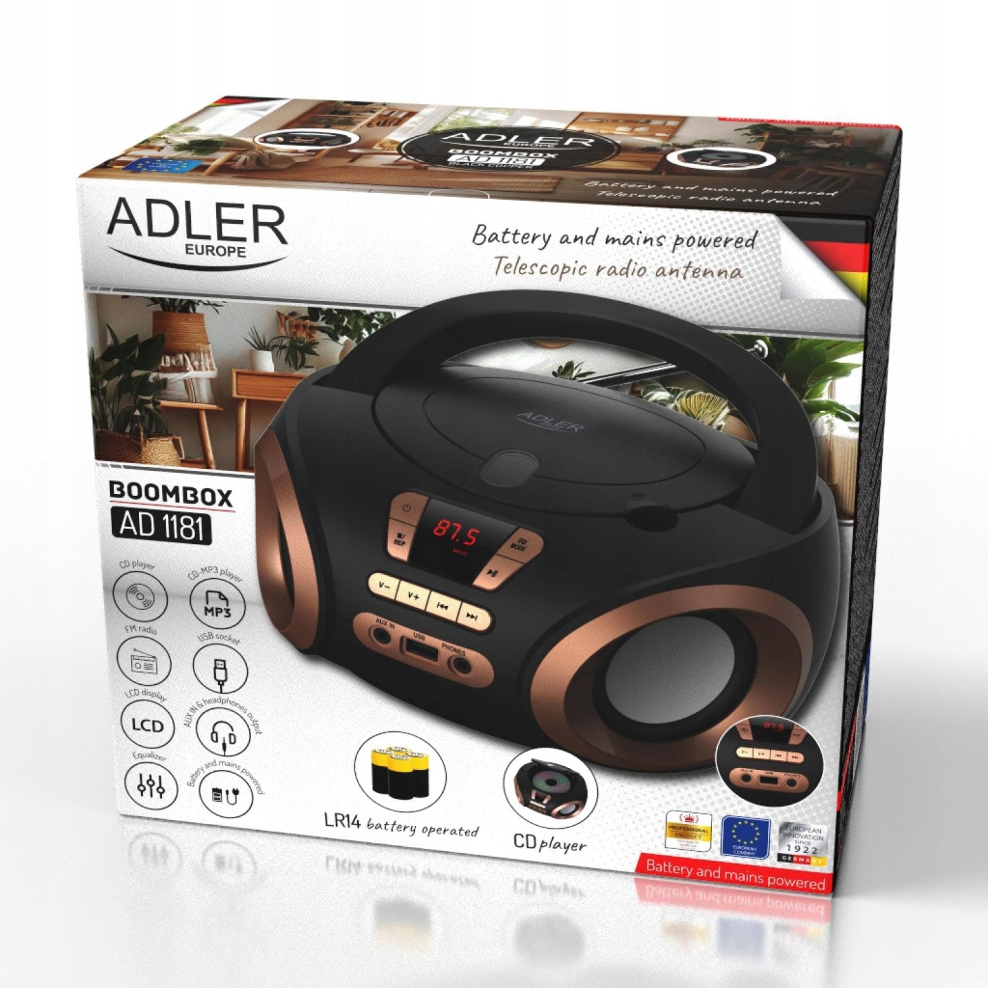 Nešiojamas radijo grotuvas Boombox su CD, MP3, USB, AUX, LCD, FM radijas Adler AD 1181