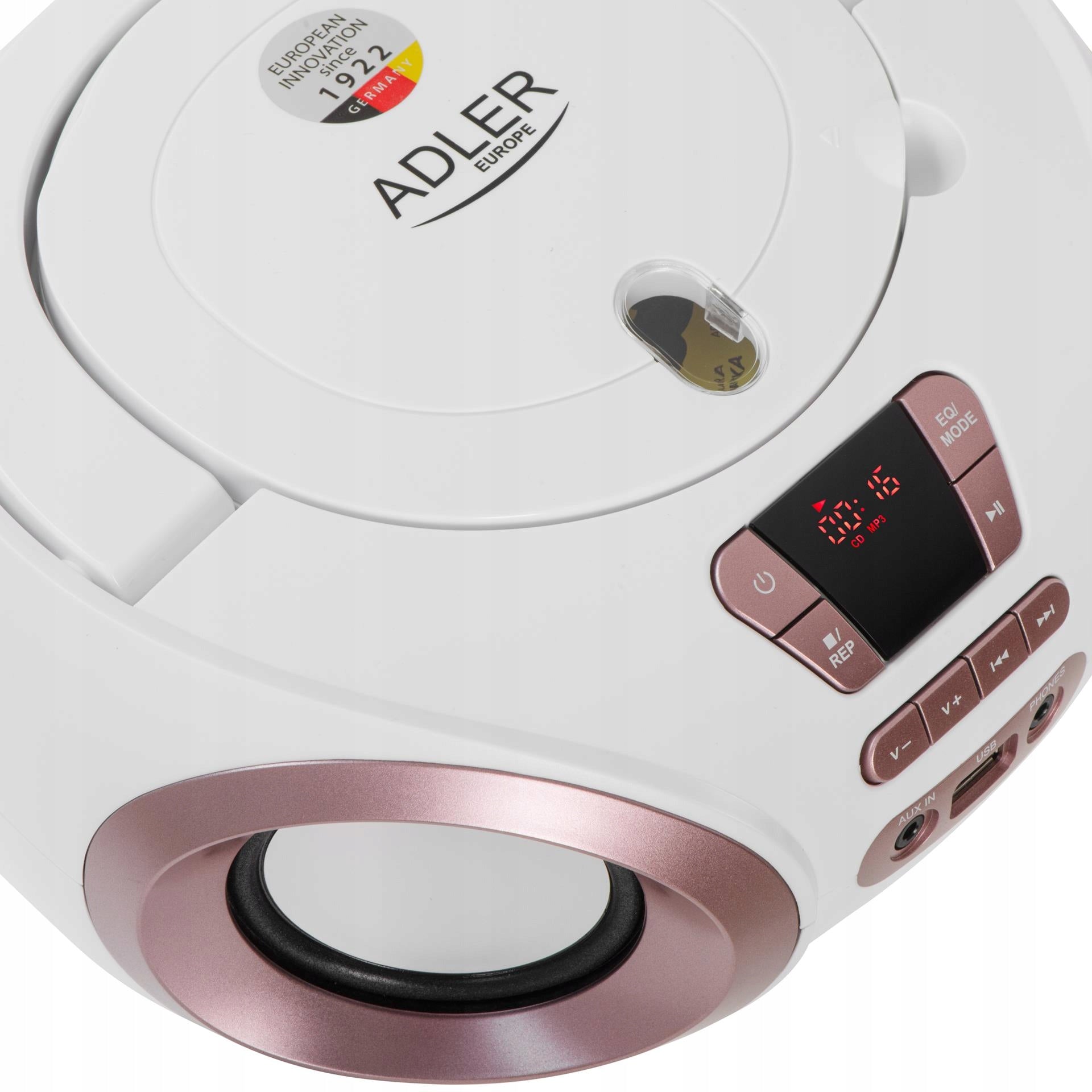 Nešiojamas radijas Boombox CD audio ir MP3 USB AUX LCD FM radijas Adler BALTAS