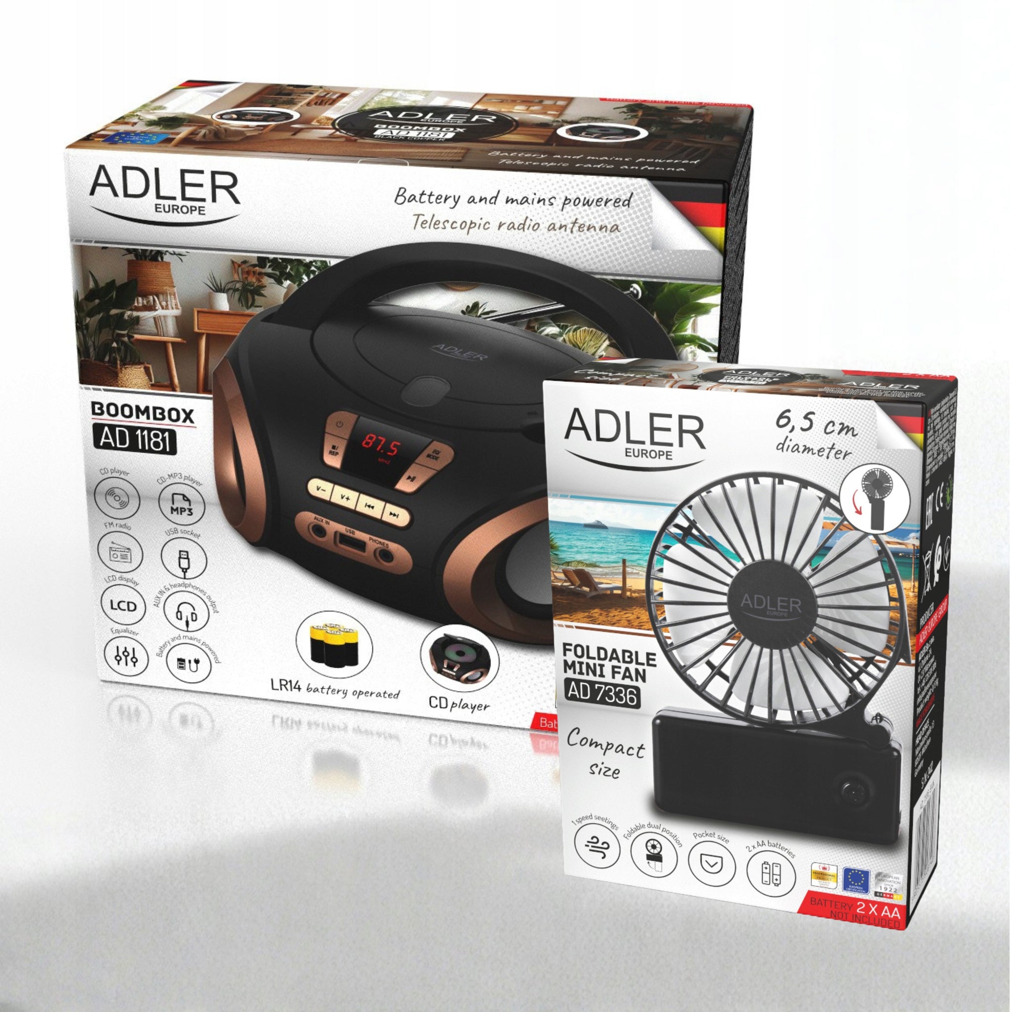 Nešiojamas radijas Boombox CD, MP3, USB, AUX, FM radijas su LCD ekranu + Ventiliatorius