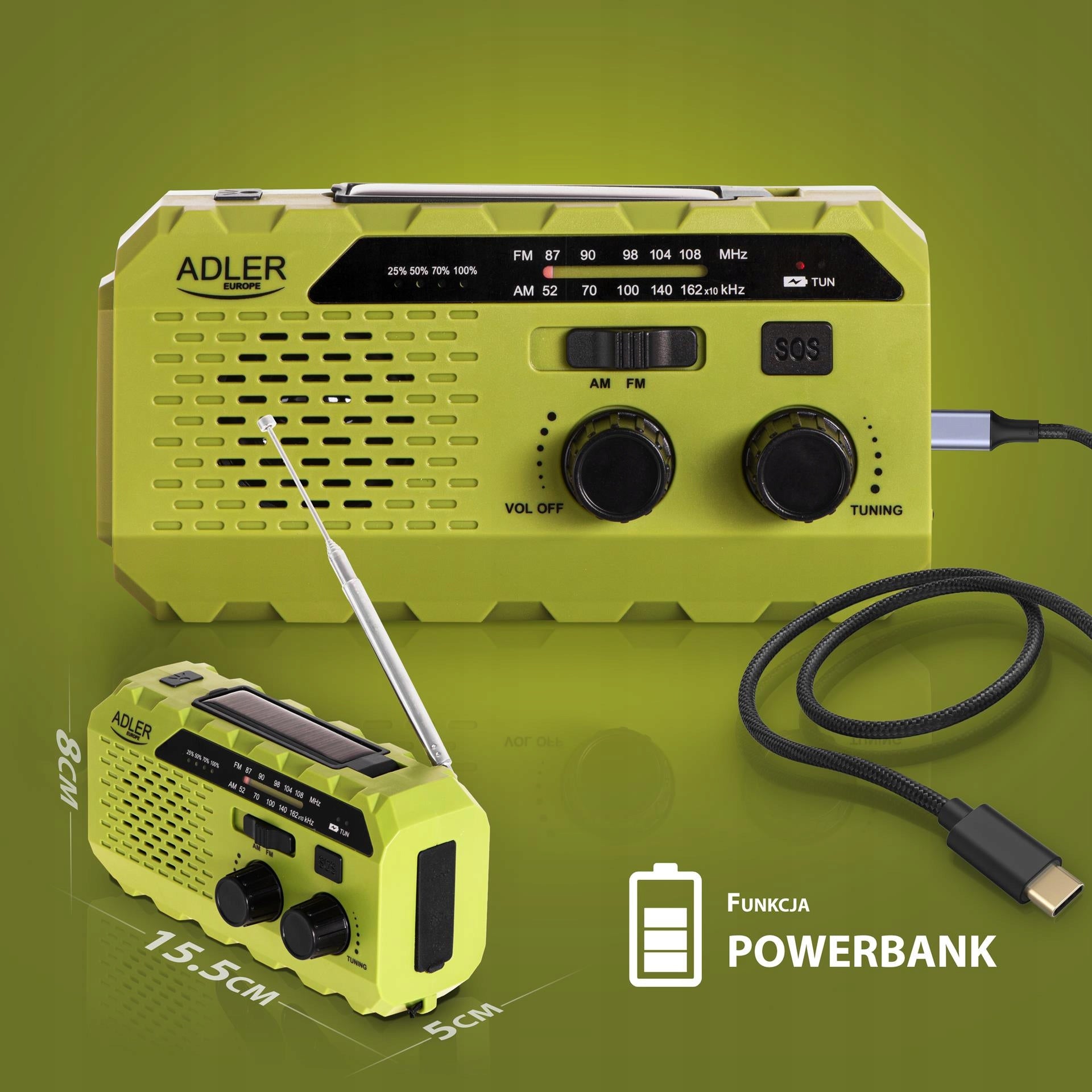 Nešiojamas radijas Saulės Rankenėlė Avarinis Powerbank Žibintuvėlis Preppers Adler