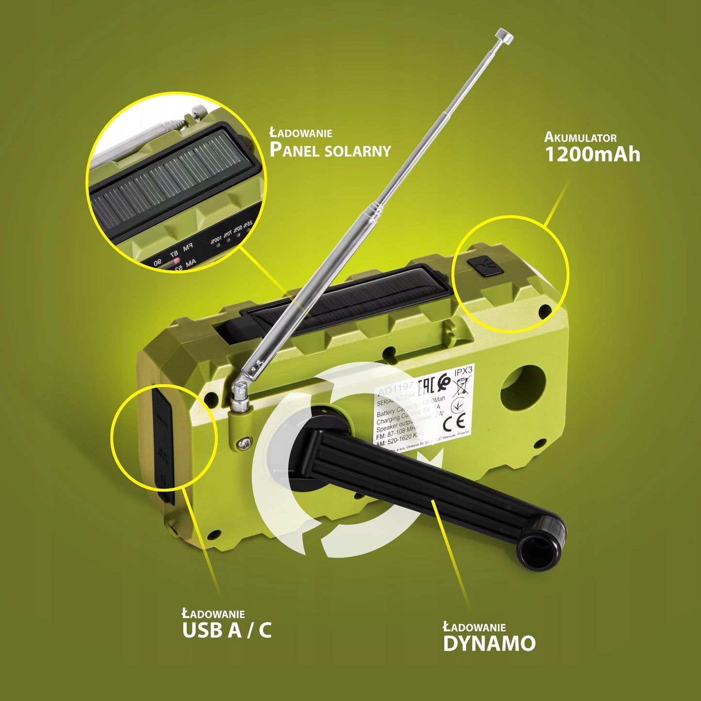 Nešiojamas radijas Saulės Rankenėlė Avarinis Powerbank Žibintuvėlis Preppers Adler