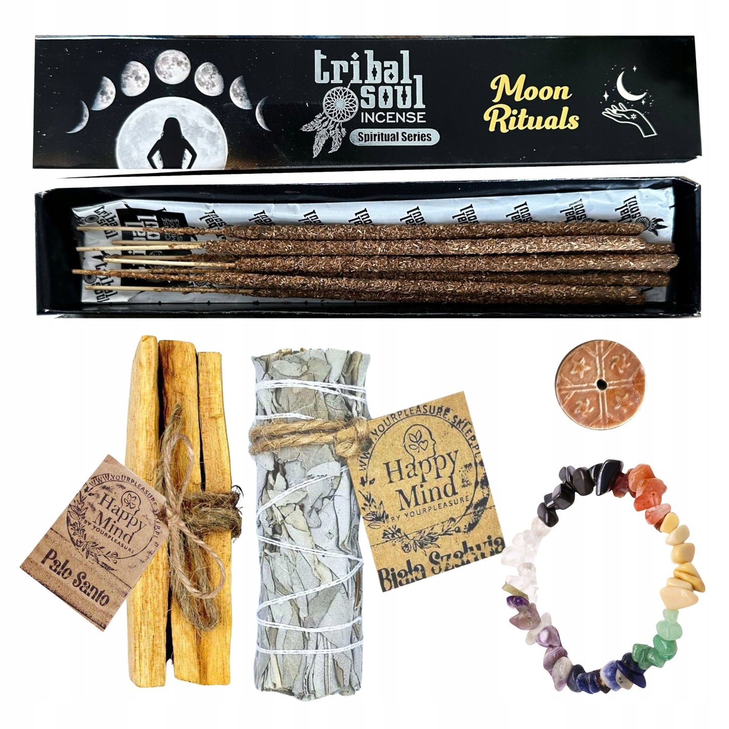 Namų ritualų rinkinys su Palo Santo ir balta šalavija, smilkalai, 7 čakrų apyrankė