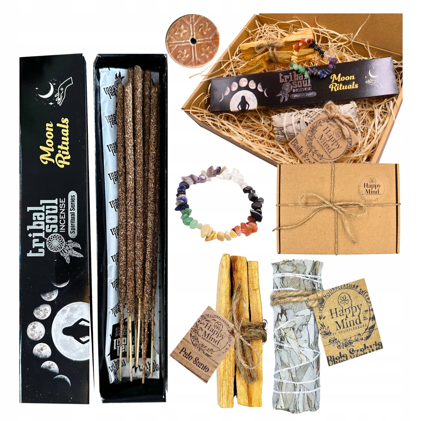 Namų ritualų rinkinys su Palo Santo ir balta šalavija, smilkalai, 7 čakrų apyrankė