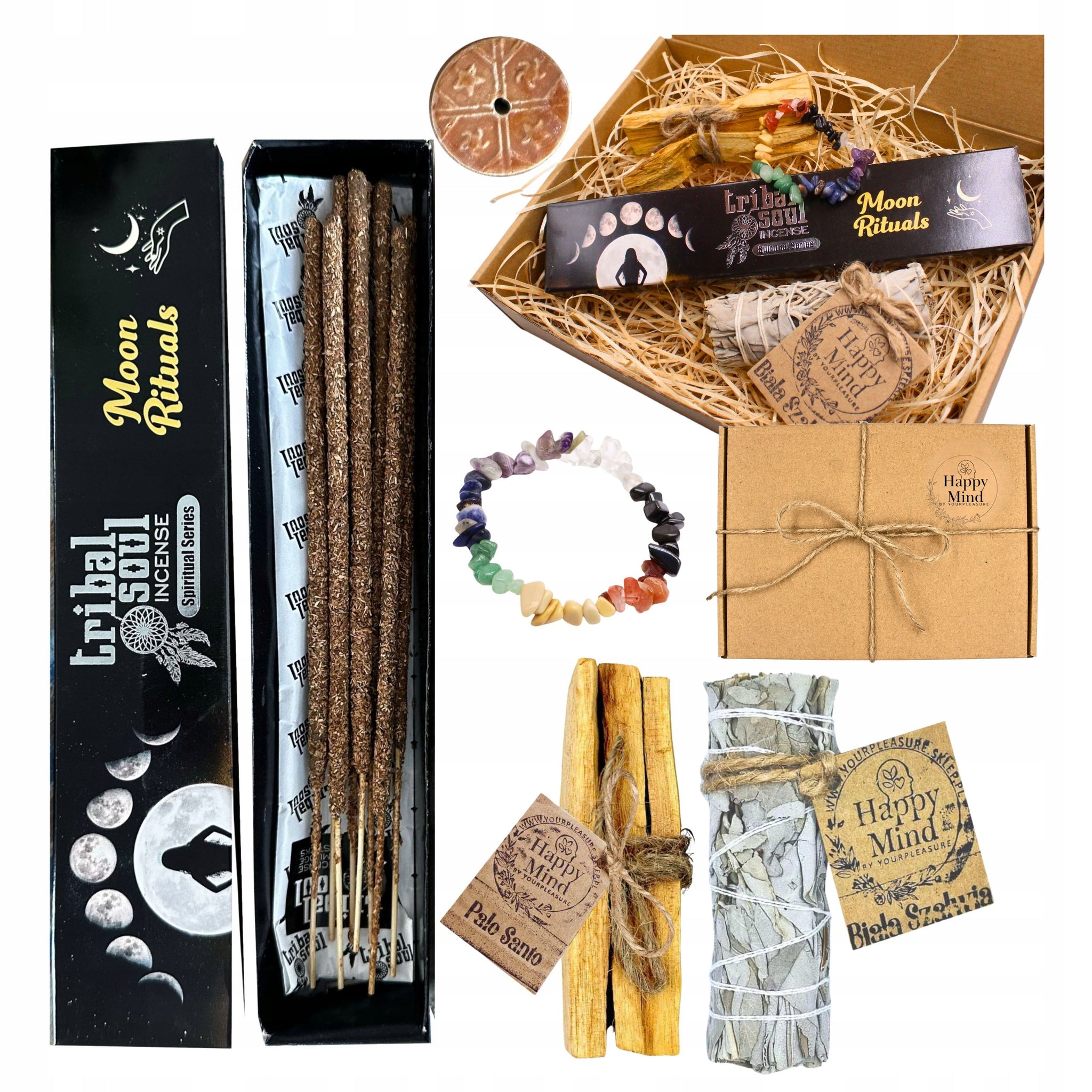 Namų ritualų rinkinys su Palo Santo ir balta šalavija, smilkalai, 7 čakrų apyrankė