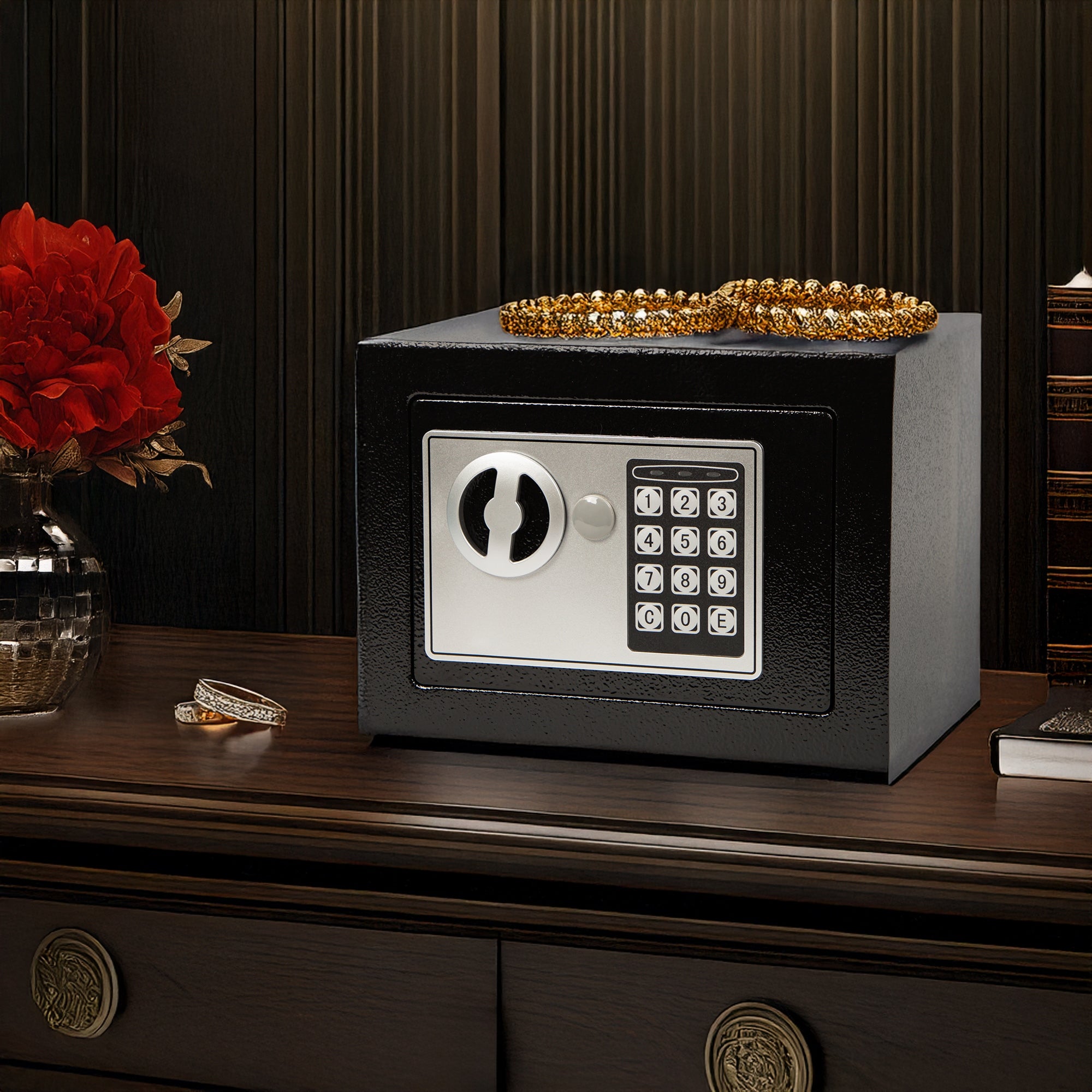 ELEKTRONINĖ SEIFAS SU KODU, RAKTU, KASETE, METALINE STIPRIA ARMOruota KASA BLOW