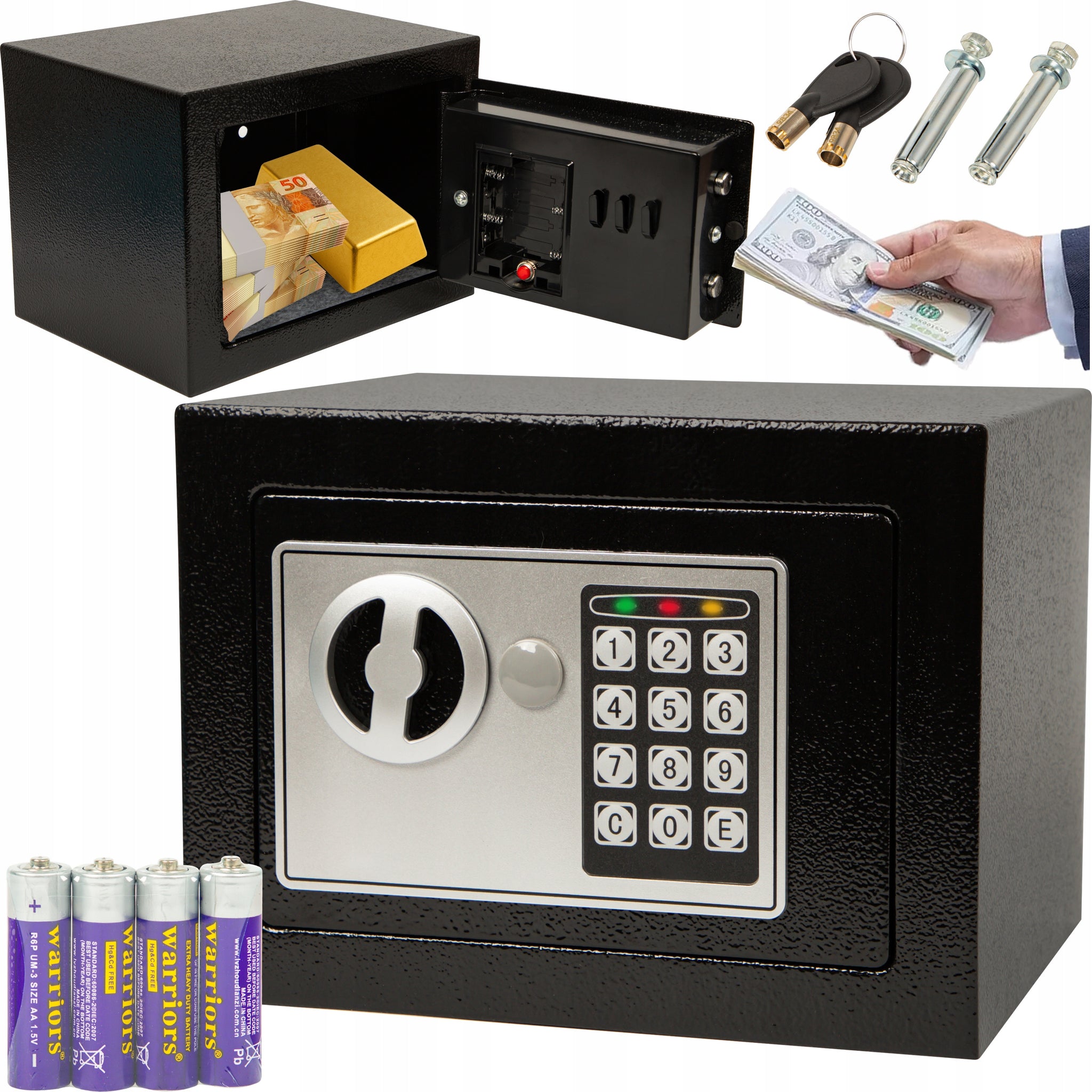 ELEKTRONINĖ SEIFAS SU KODU, RAKTU, KASETE, METALINE STIPRIA ARMOruota KASA BLOW