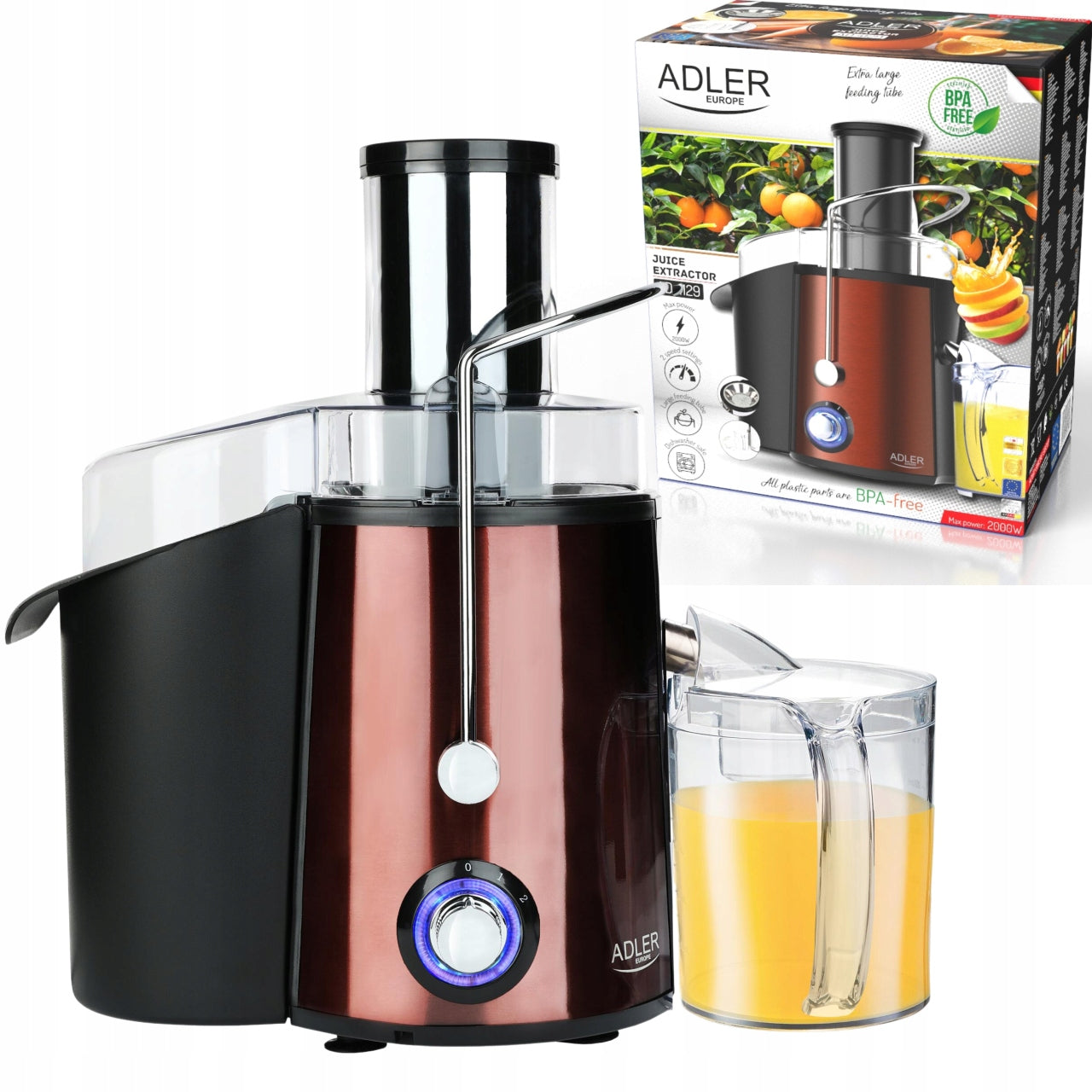 Didelio sūkių sulčiaspaudė, 2000W, vaisiams ir daržovėms, su didele anga