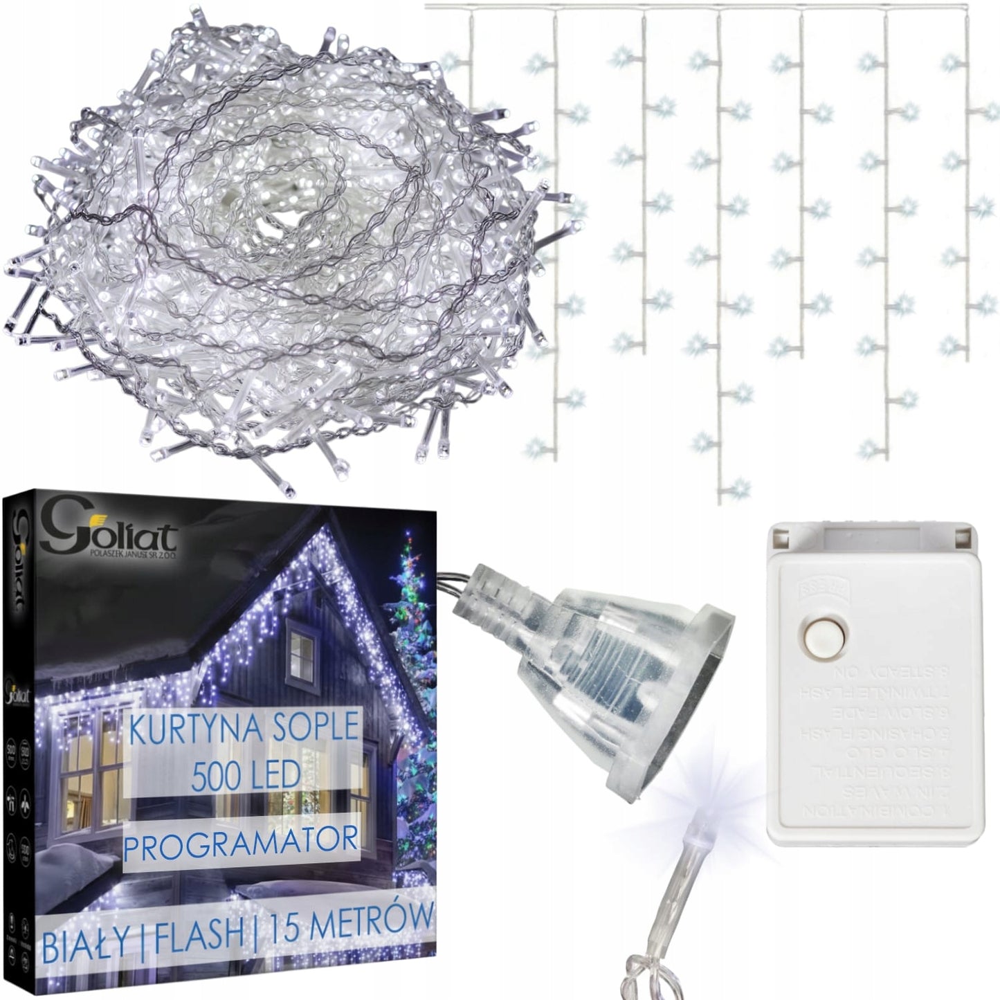 VARVEKLIAI 500 LED UŽuolaidinės lemputės LAUKO IP44 ŠALTAI BALTOS MIRKSINČIOS 15 M Goliat