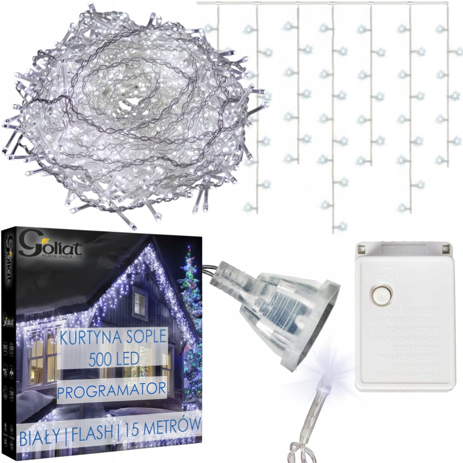 VARVEKLIAI 500 LED UŽuolaidinės lemputės LAUKO IP44 ŠALTAI BALTOS MIRKSINČIOS 15 M Goliat