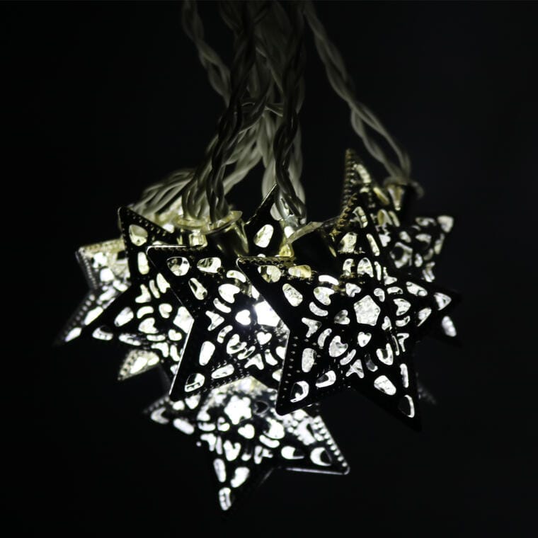 Sidabrinės metalinės kalėdinės lemputės žvaigždutės 20 LED 2,85 m su baterijomis