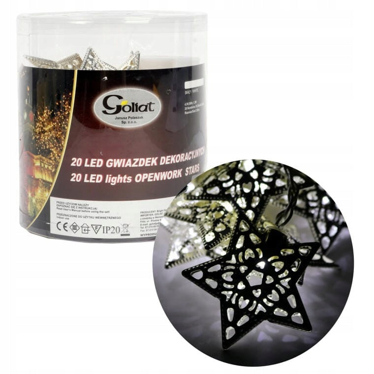Sidabrinės metalinės kalėdinės lemputės žvaigždutės 20 LED 2,85 m su baterijomis