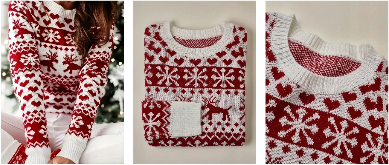 MOTERIŠKAS KALĖDINIS MEGZTINIS SU SNIEGUOLĖMIS KALĖDINIAI RAŠTAI ŽIEMINIS ŠILTAS 42 XL