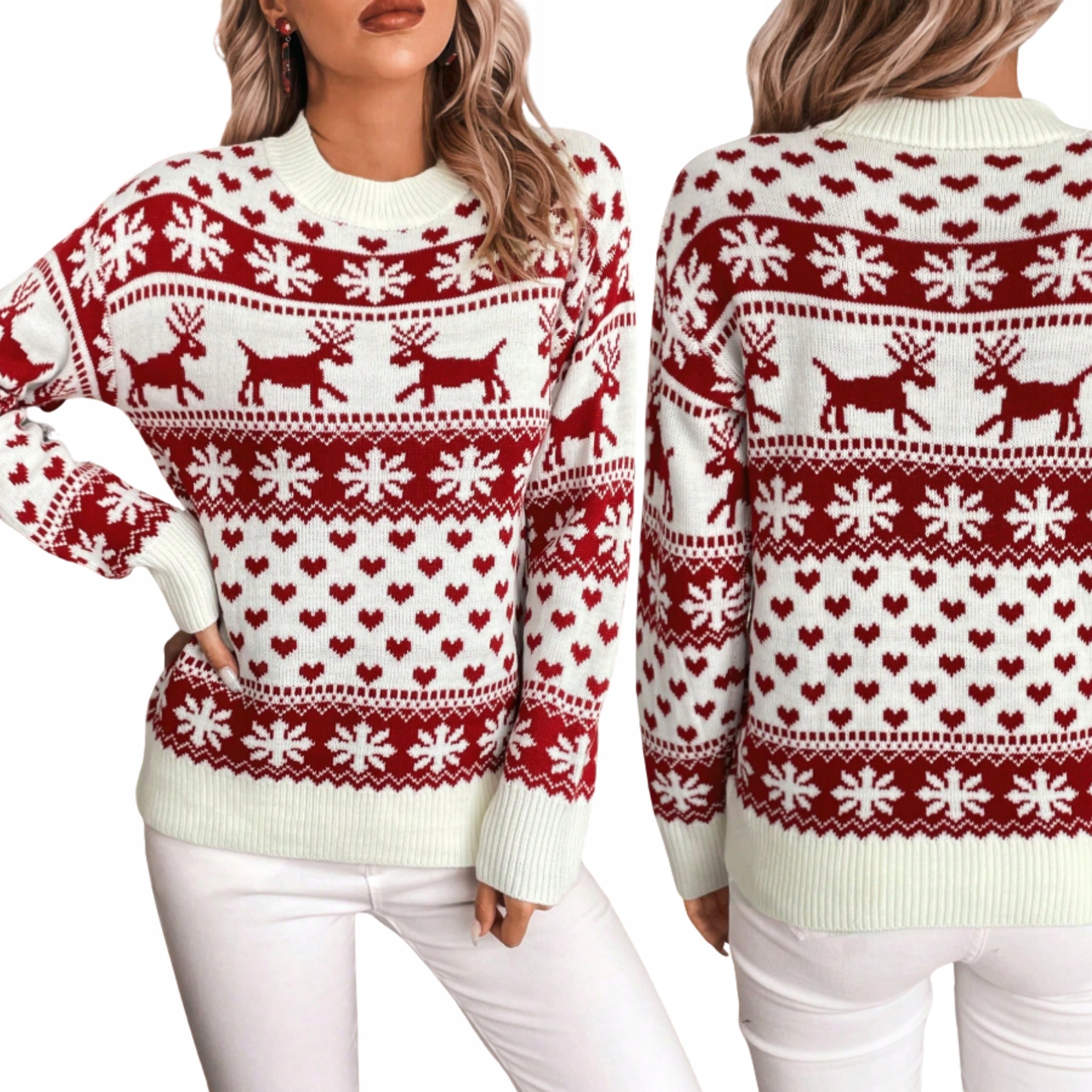 MOTERIŠKAS KALĖDINIS MEGZTINIS SU SNIEGUOLĖMIS KALĖDINIAI RAŠTAI ŽIEMINIS ŠILTAS 42 XL