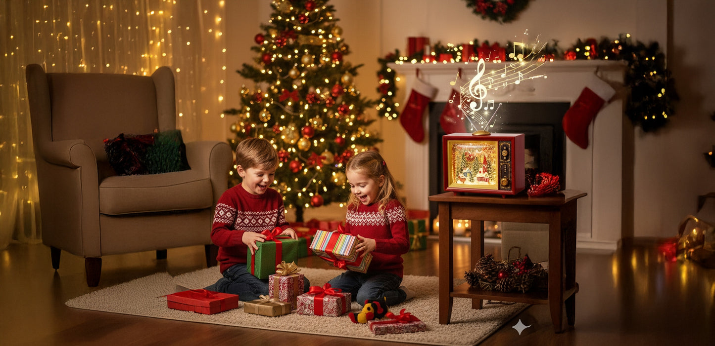 KALĖDINIS ŽIBINTUVĖLIS MUZIKINĖ DĖŽUTĖ TELEVIZORIUS TV KALĖDŲ SENELIS ELNIAS BATERIJOMIS USB