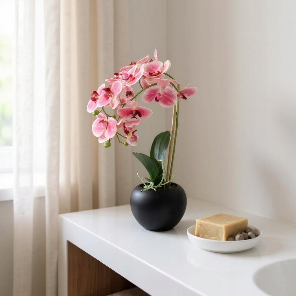 Dirbtinė orchidėja guminė keraminėje vazonėlyje Gėlė orchidėja Premium puošmena