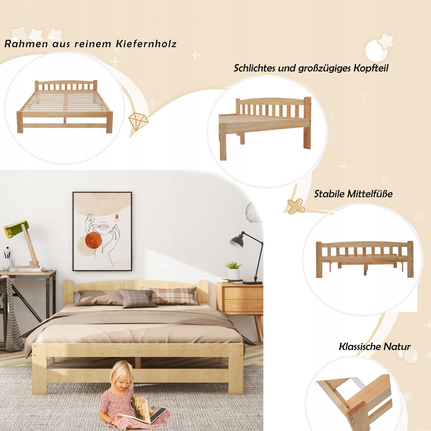 Tvirtas natūralaus medžio fotelio tipo lovos rėmas 140x200 su galvūgaliu ir atlošu