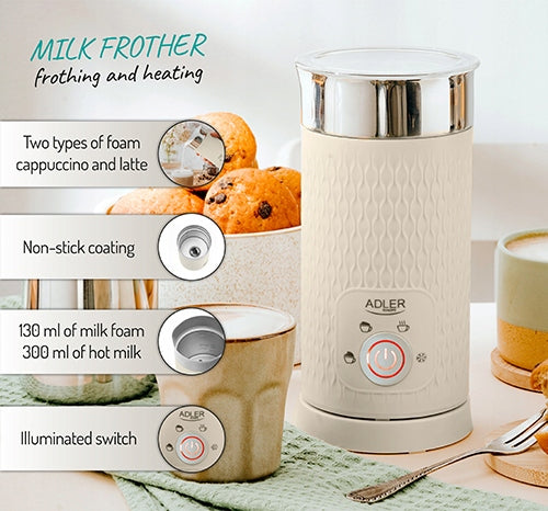 Elektrinis pieno putų plakiklis su pašildymu lattei, kapučino, smėlio spalvos, 300ml