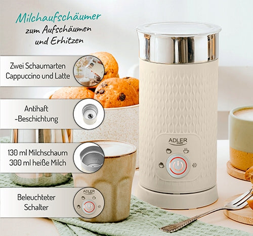 Elektrinis pieno putų plakiklis su pašildymu lattei, kapučino, smėlio spalvos, 300ml