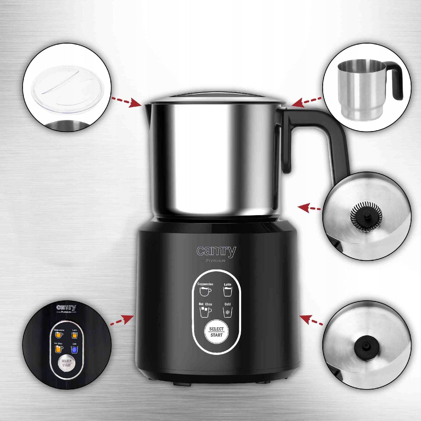 Elektrinis pieno putų plakiklis su pašildymu latte cappuccino, juodas, 350ml