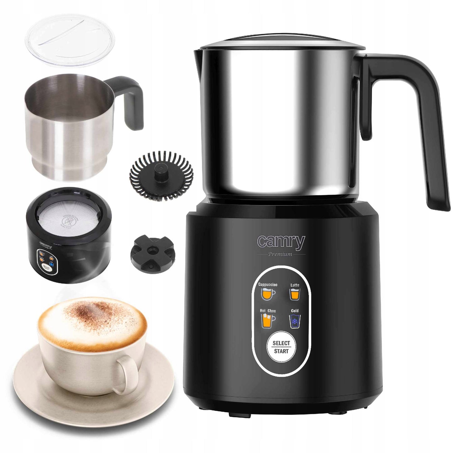 Elektrinis pieno putų plakiklis su pašildymu latte cappuccino, juodas, 350ml