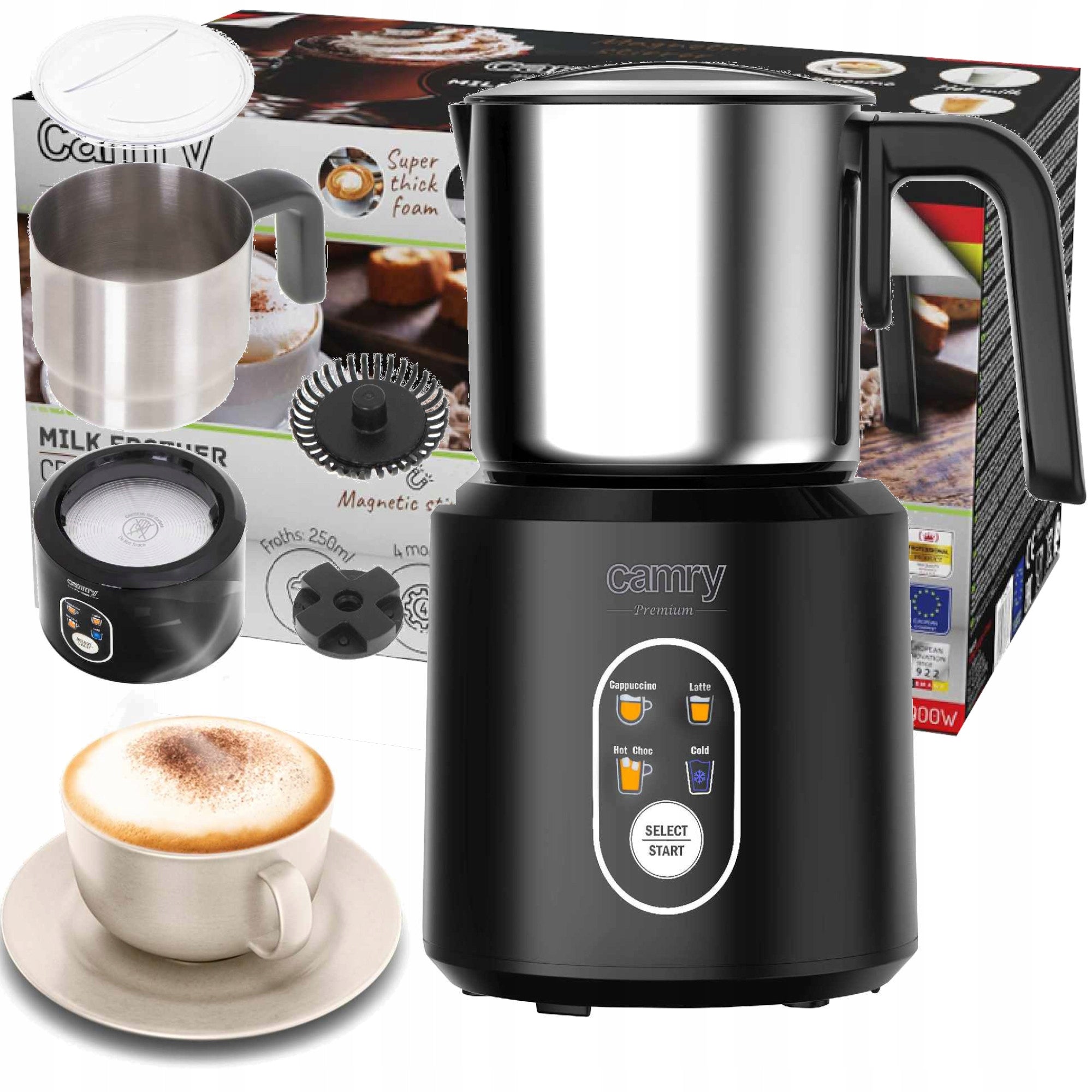 Elektrinis pieno putų plakiklis su pašildymu latte cappuccino, juodas, 350ml