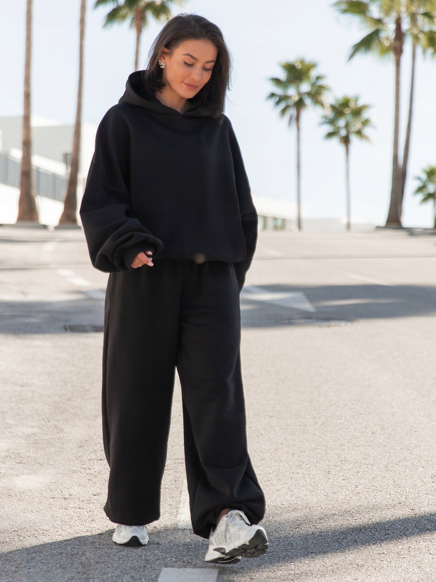 Moteriškos medvilninės plačios baggy oversize kelnės, juodos