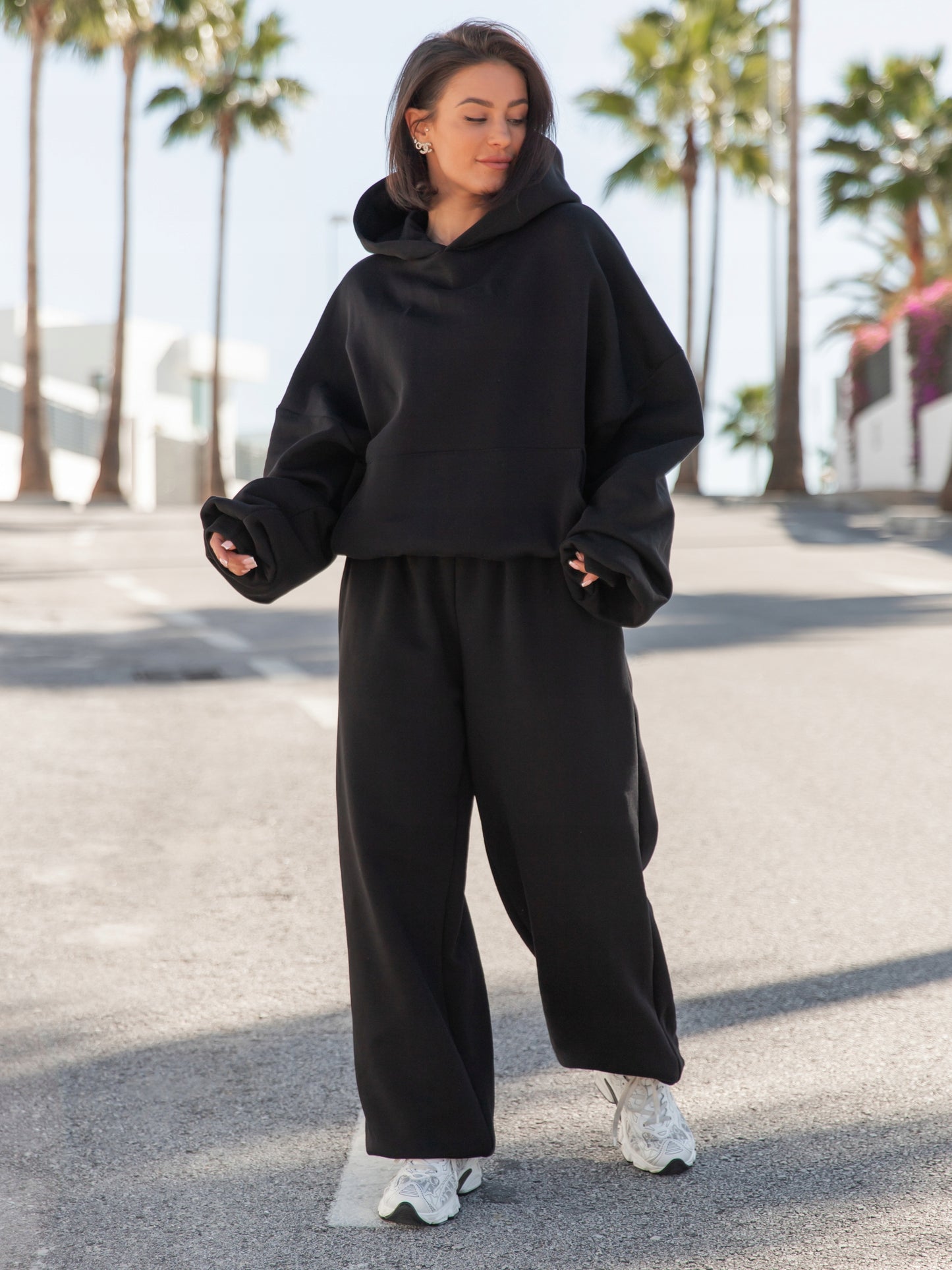 Moteriškos medvilninės plačios baggy oversize kelnės, juodos