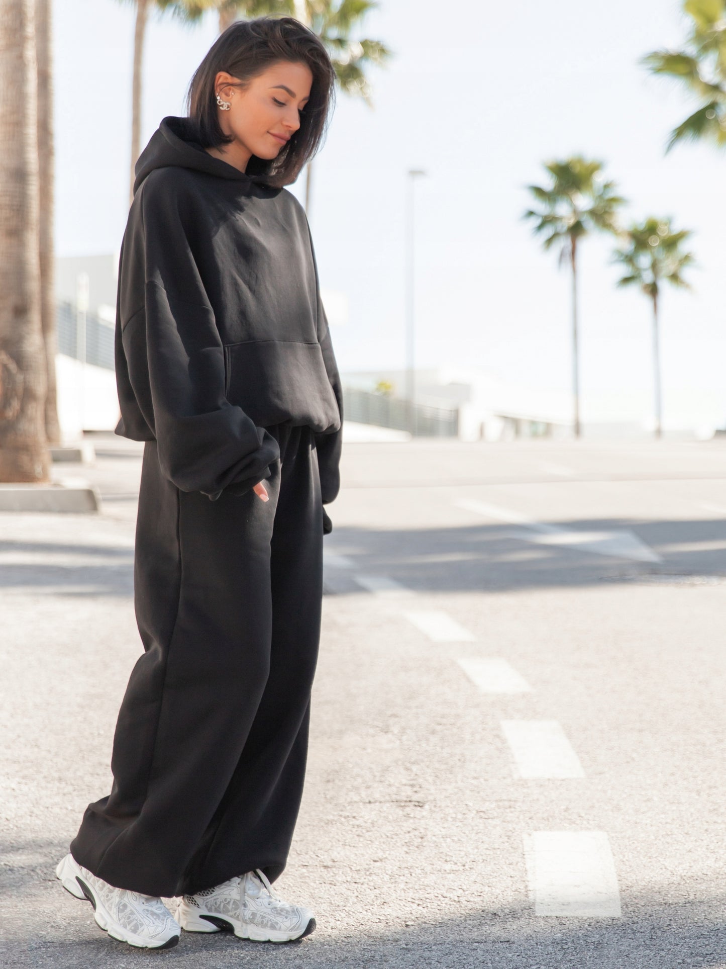 Moteriškos medvilninės plačios baggy oversize kelnės, juodos