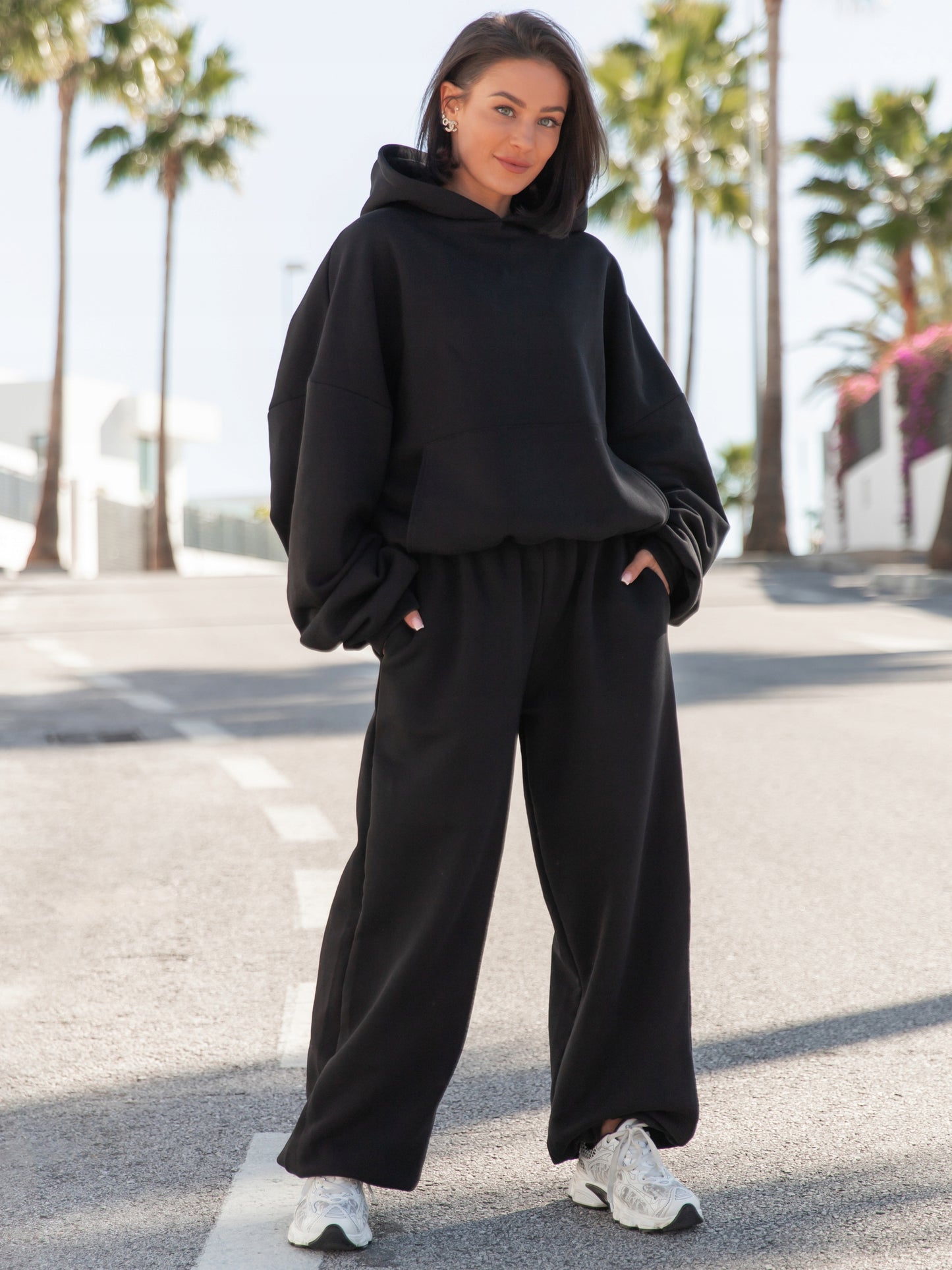 Moteriškos medvilninės plačios baggy oversize kelnės, juodos