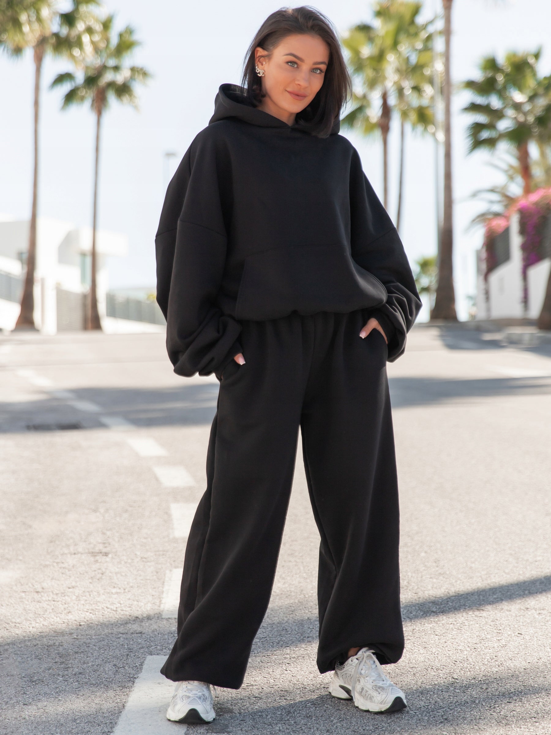 Moteriškos medvilninės plačios baggy oversize kelnės, juodos