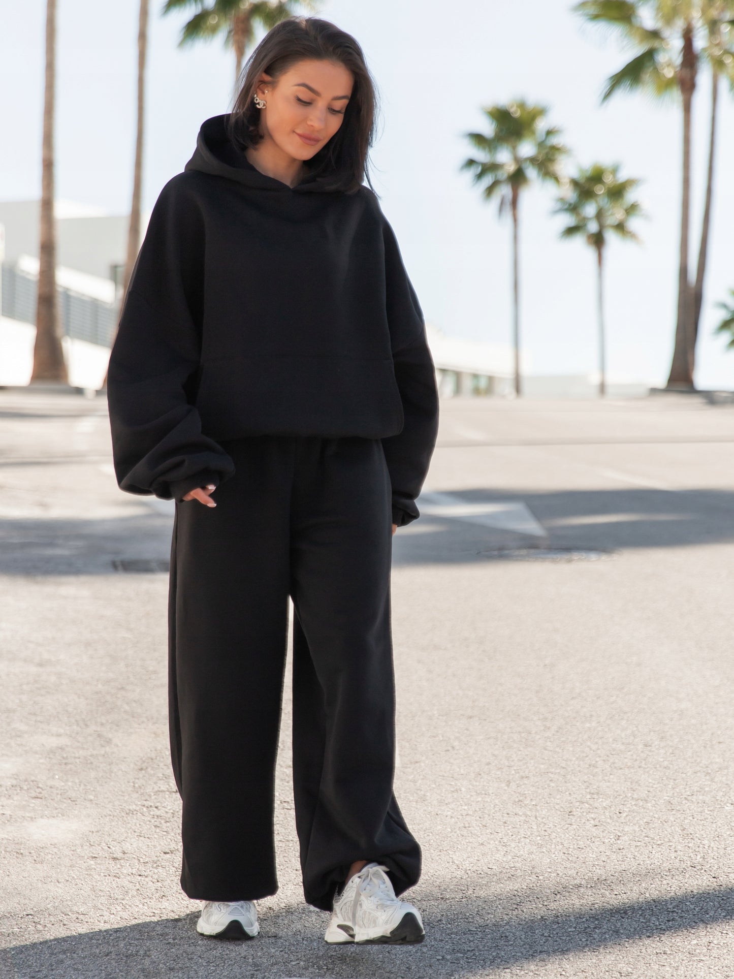 Moteriškos medvilninės plačios baggy oversize kelnės, juodos