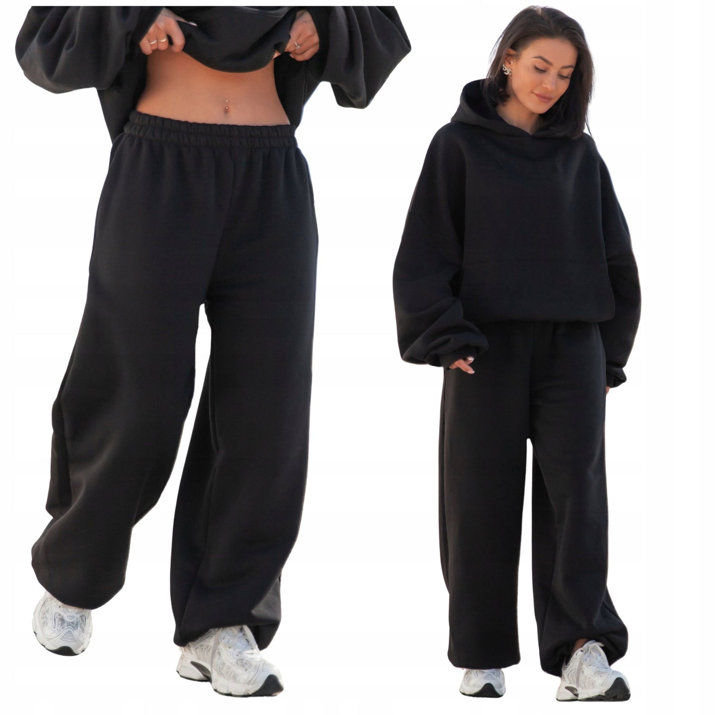 Moteriškos medvilninės plačios baggy oversize kelnės, juodos