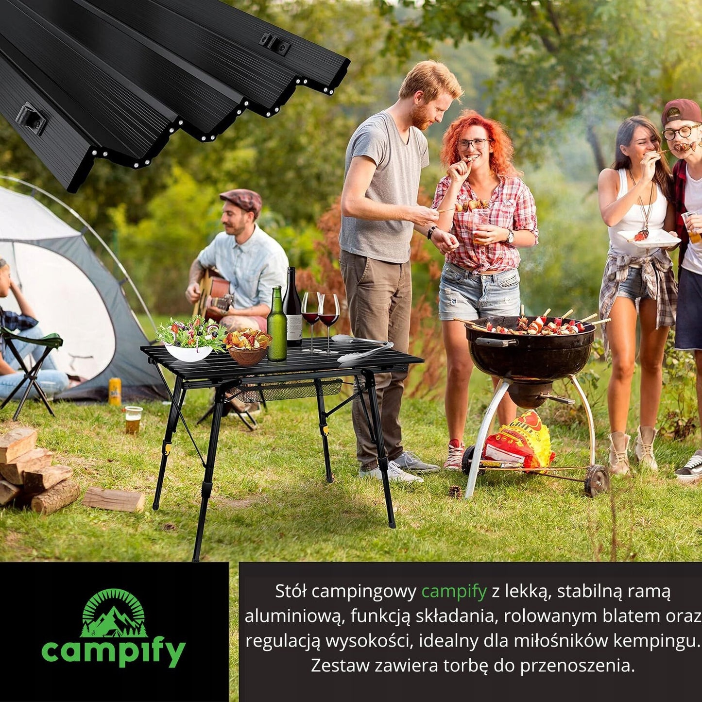 Campify Aliumininis Sulankstomas Lauko Stovyklavimo Stalas, Juodas
