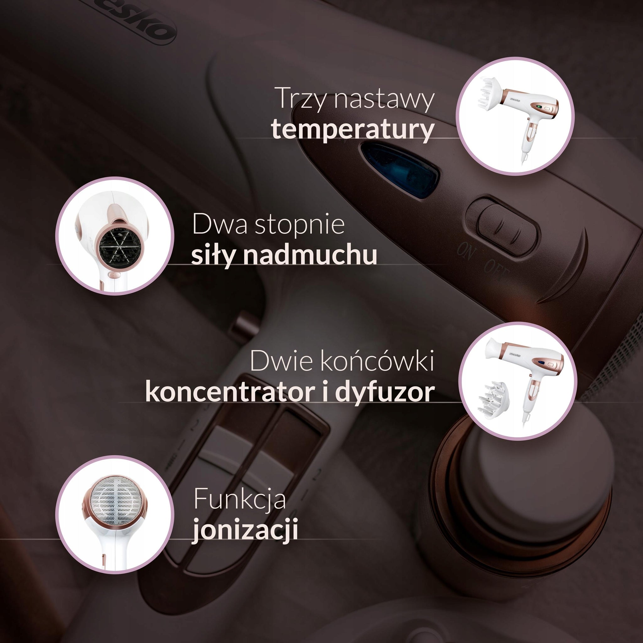 Plaukų džiovintuvas 2400W Su jonizacija Šalto oro funkcija + Koncentratorius ir Difuzorius